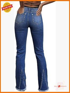 Mid Rise Boot Cut Stretchy Flare Jeans Raw Hem V Cut